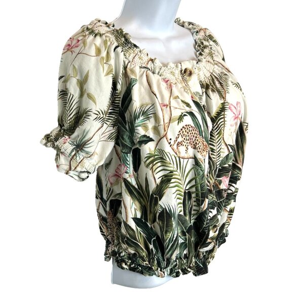 H&M Women's Size 10 Blouse Gathered Neck, Hem Cuffs Short Sleeve Cheetah Jungle - Picture 2 of 12